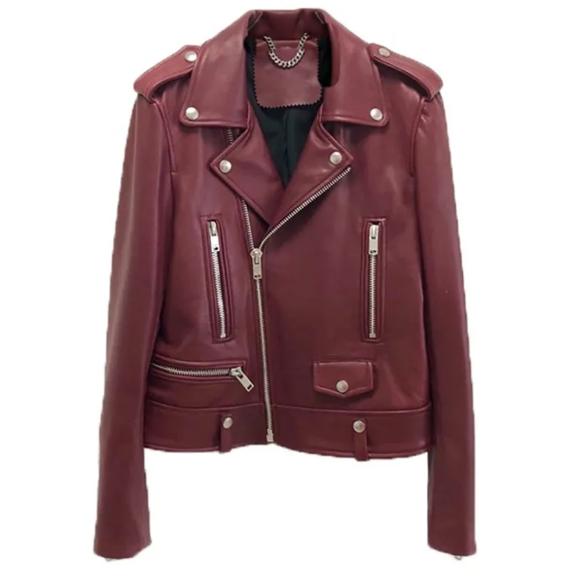 Fashion Women Wine Red Sheepskin Genuine Motorcycle Female Short Coat Windproof Autumn Casual Real Leather Jacket