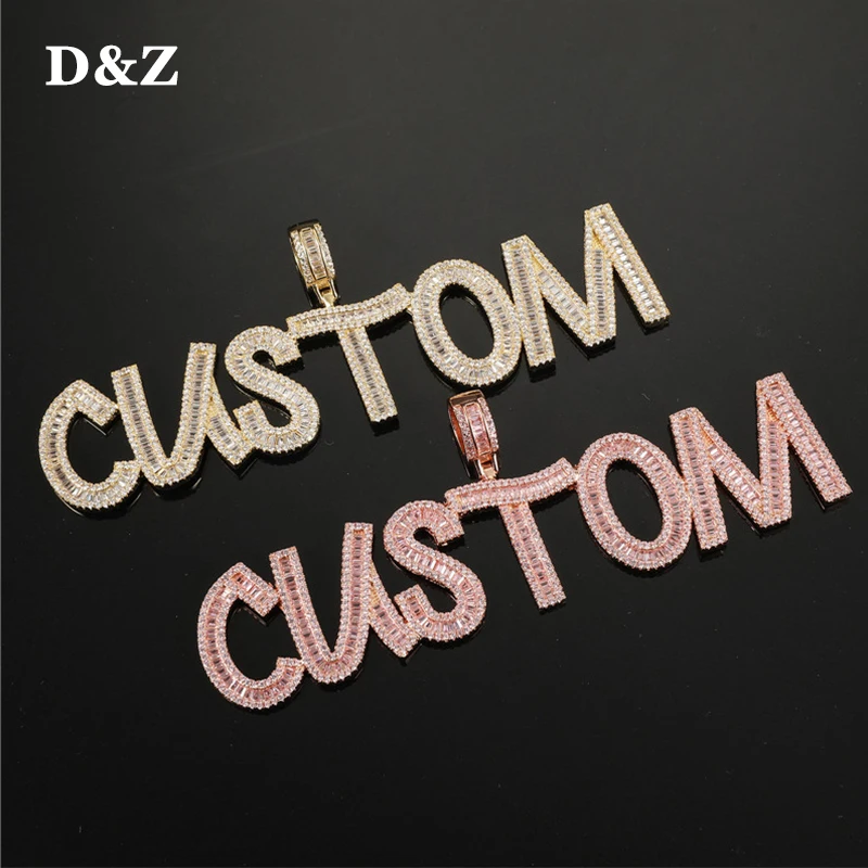 

D&Z Custom Name Pendant Baguette Letters Pendant Gold Color Charm AAAA Zirconia Men's Hip Hop Necklace Chain Rock Jewelry