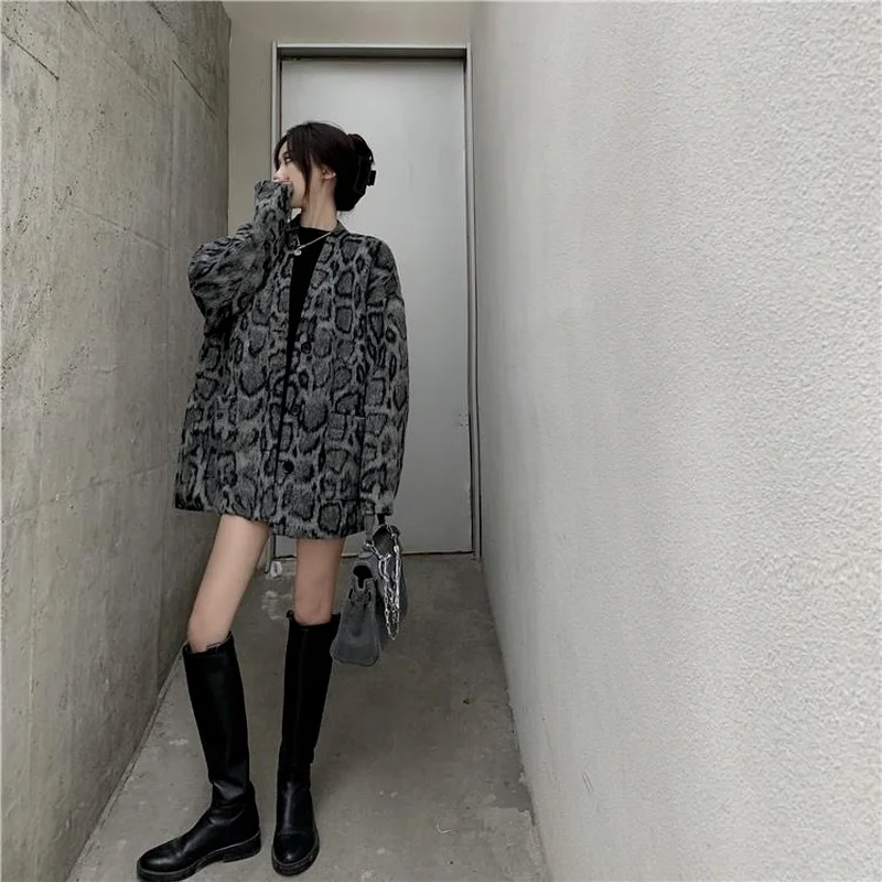 Leopard Wool Women All-match Fashion Blends Winter Outwear Harajuku Coats Korean Style Chic Loose Vintage Streetwear Elegant Ins