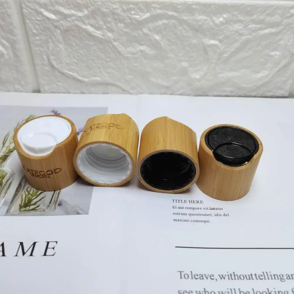 맞춤형 로고 각인 화이트 블랙 대나무 디스크 탑 캡 화장품용 18/410 24mm 20R 대나무 우드 로션 드로퍼 병 스프레이 뚜껑