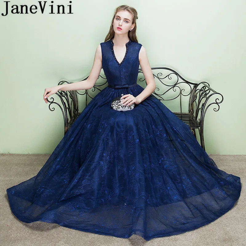 

JaneVini Navy Blue Lace Wedding Party Dress for Women Beaded V Neck Sexy Keyhole Back Bridesmaid Dresses Long Dinner Gowns 2020