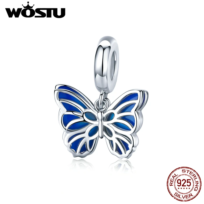 

WOSTU Authentic 925 Sterling Silver Butterfly Dangle Charms Blue Enamel Beads Fit Original Bracelet DIY Necklace Jewelry CTC149