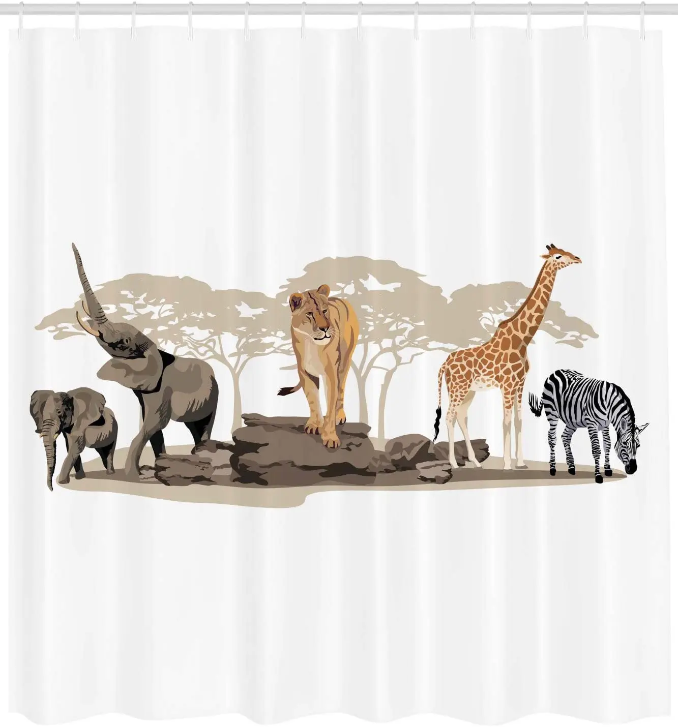 Safari Shower Curtain Illustration of Wild Savannahs Animals Exotic Giraffe Lion Elephant Zebra Bathroom Decor Set with Hooks 75