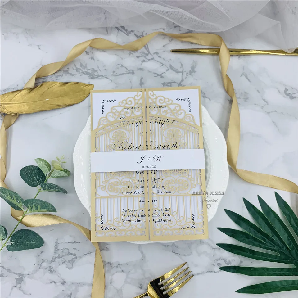 

Vintage Slate Gold Intricate Laser Cut Gate-Folded Wedding Invitation Kits, Personalized Invites With Belly Band And Envelope