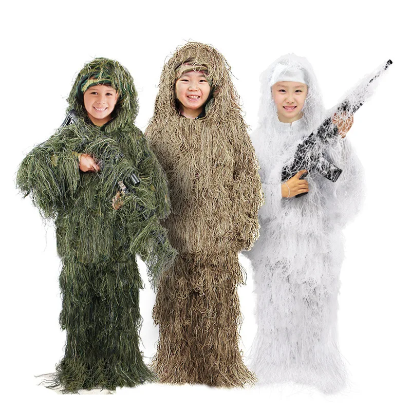 Adult Kids CS Bionic Camouflage Suit Children 3D Grass Style Ghillie Suits Jungle Desert Snow Hunting Clothes Set