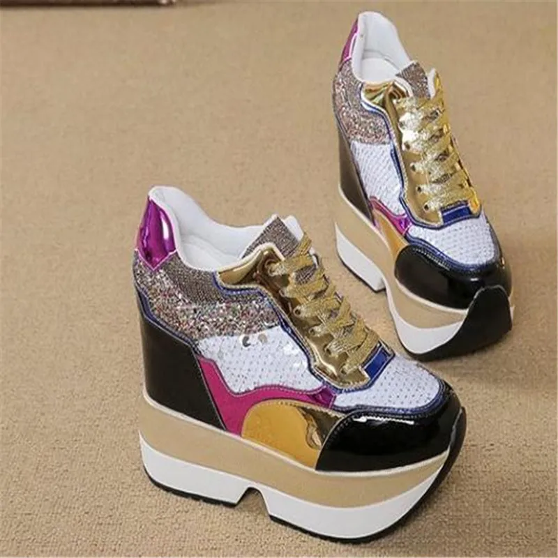 size 34 40 New arrival  Autumn Fashion casual shoes women High Platform Shoes 13 cm thick soled female Trainers Gold Silver