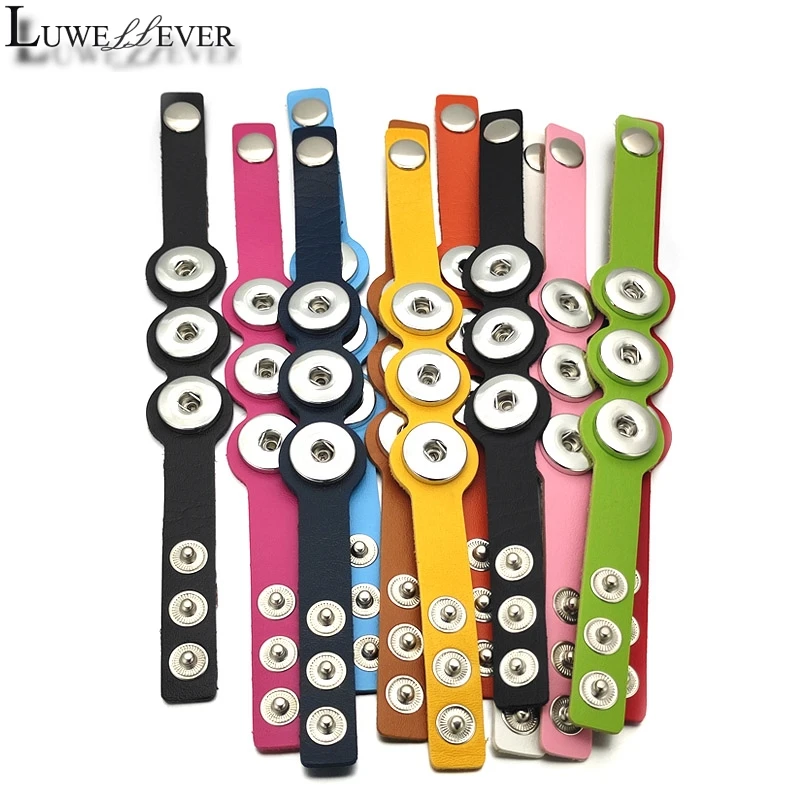 New 3 Snaps Candy Colors 174 Pu Leather Retro Fashion Bracelet 18mm Snap Button Bangle Charm Jewelry For Women Men Gift