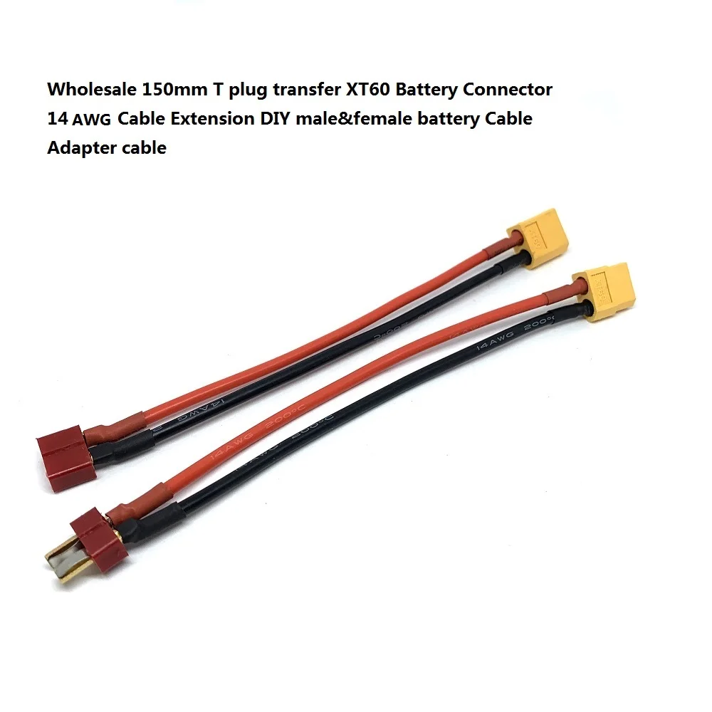 Wholesale 150mm T Plug Battery Connector 14 AWG Cable Extension DIY male&female battery Cable