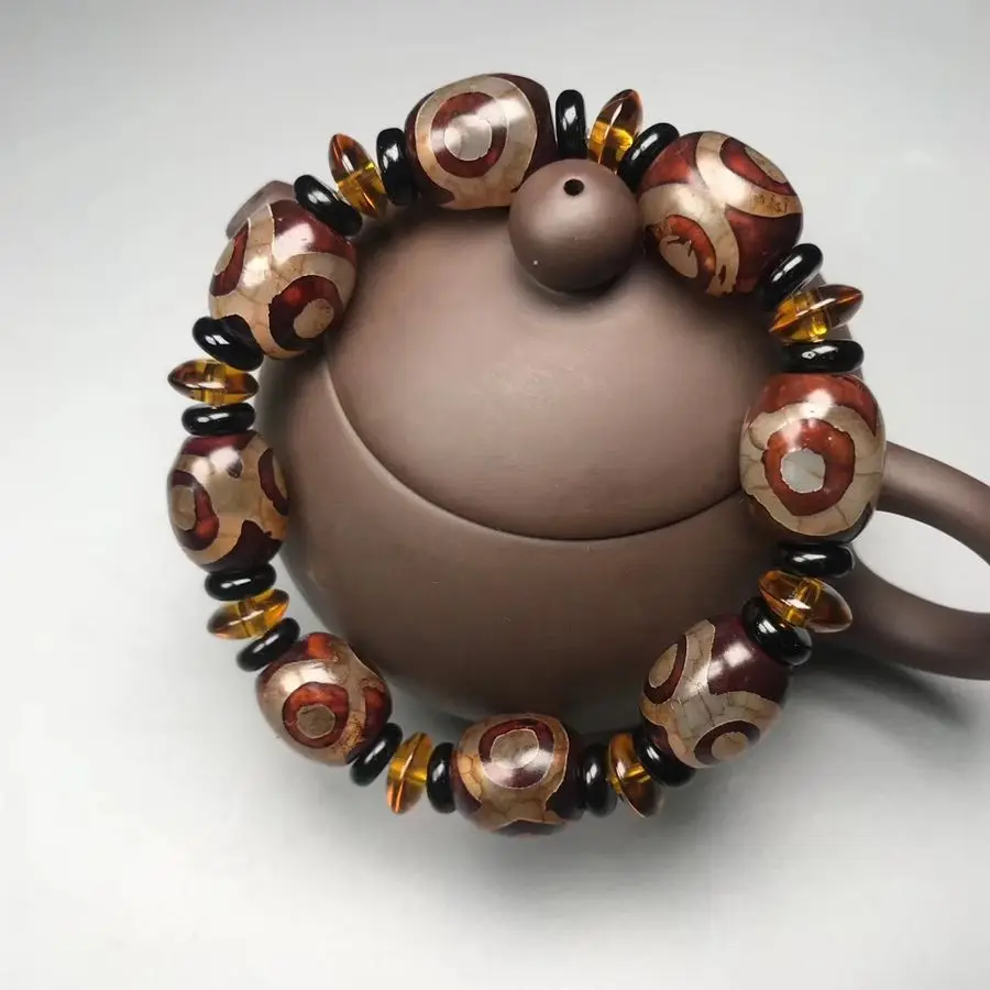 Wonderful Brown Tibetan Dzi Bead Bangle Amulet 3 eyes Bead bracelet Lucky Talisman