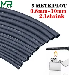 5 METER/LOT 2:1 Black 0.8mm~10mm Polyolefin Cable Sleeves Electronic component DIY Connector Repair heat shrink tube