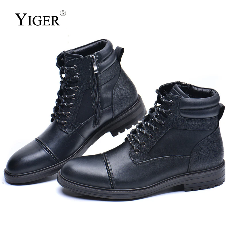 YIGER Men's Basic Boots Man Casual shoes Genuine Leather Retro Handmade Boots Male Ankle Boots Lace up shoes Design men's boots