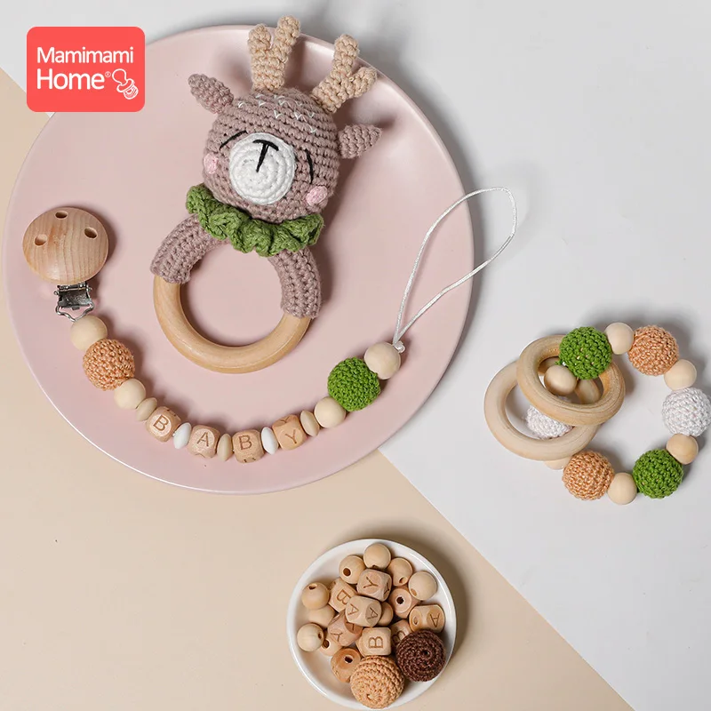 1Pc 아기 나무 Teether 크로 셰 뜨개질 봉제 동물 반지 음악 딸랑이 팔찌 DIY 사용자 정의 젖꼭지 체인 아기 몬테소리 완구 선물