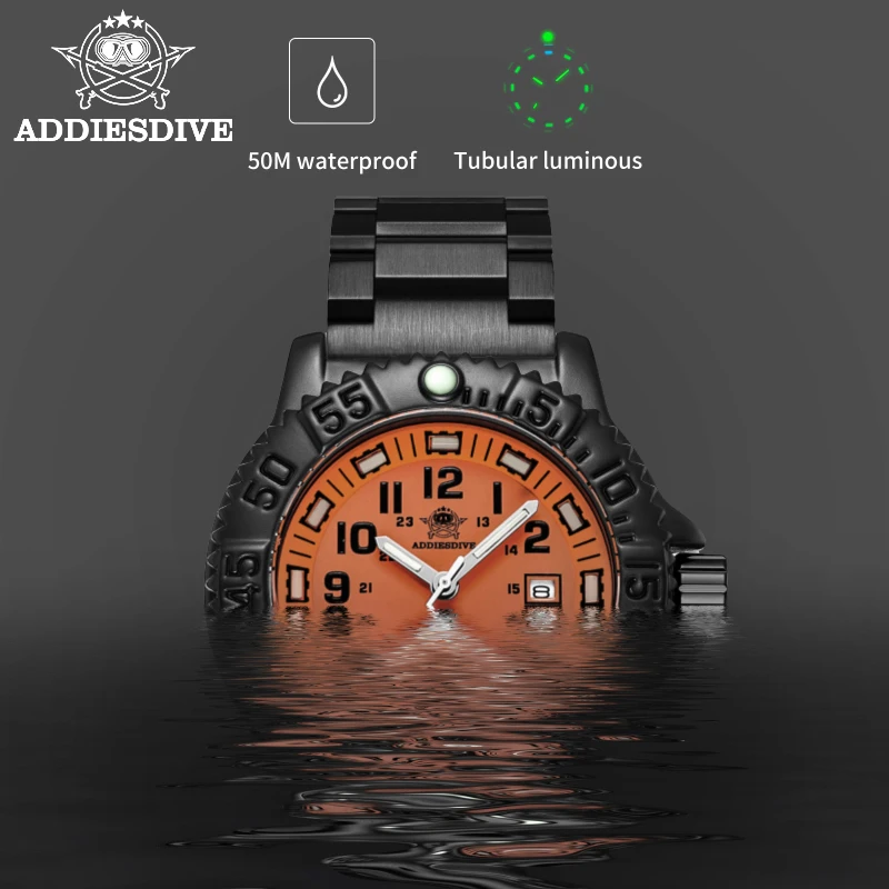 Addies Orange Dial Mens Military Watch Luminous tube NATO Nylon Watch Luxury Stainless Sports Watch Quartz 50M Water proof Watch