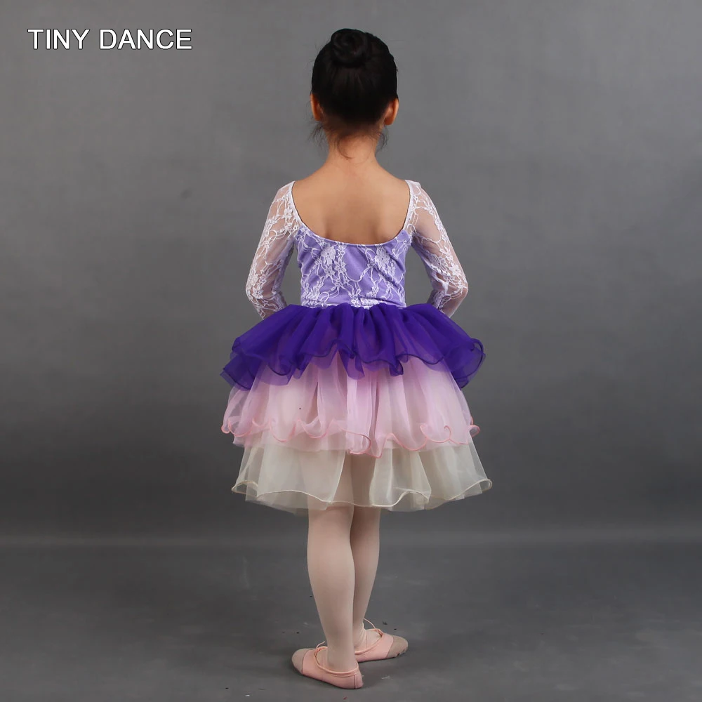 Ballet Dress Lyrical & Contemporary Dance Costume White Lace over Lavender Spandex Leotard with attached Multicolored Tutu 20052