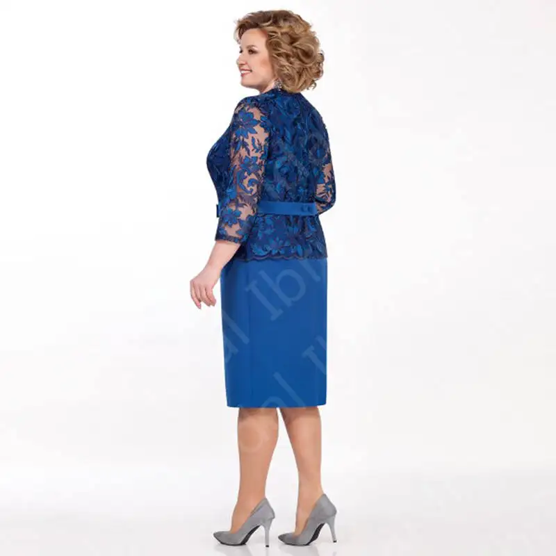 Charming On Sale Royal Blue Lace Mother of the Bride Dresses Plus Size 2023 Wedding Party  Knee Length 3/4 Sleeves