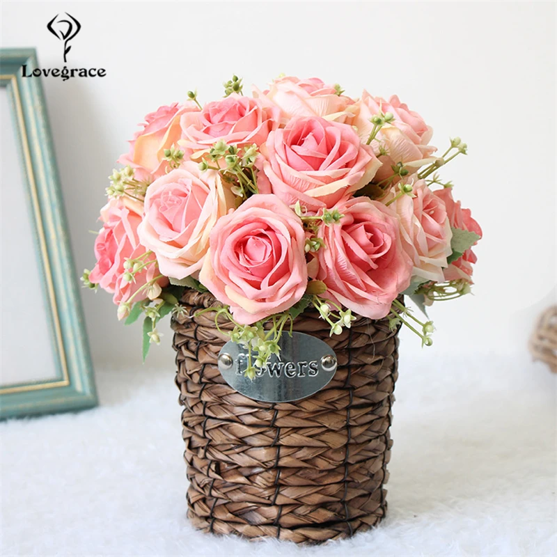 Lovegrace Bride Wedding Bouquet Flower Bridesmaid Artificial Silk Flower 9 Heads Rose Baby's Breath Bouquet Home Wedding Decor