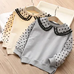 Spring Autumn Fashion 2 3 4 5 6 8 9 10 11 12 Years Children Outwear Cotton Dot Lace Sleeve Patchwork Kids Baby Girls Sweatshirt