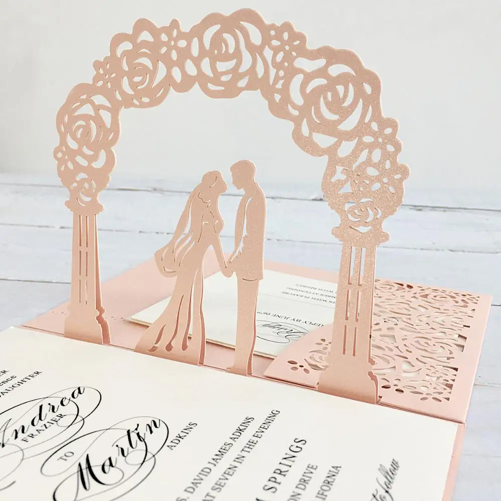 3D Pale Pink Wedding Invitations with RSVP Cards, Unique Invite Cards - Set of 50 pcs