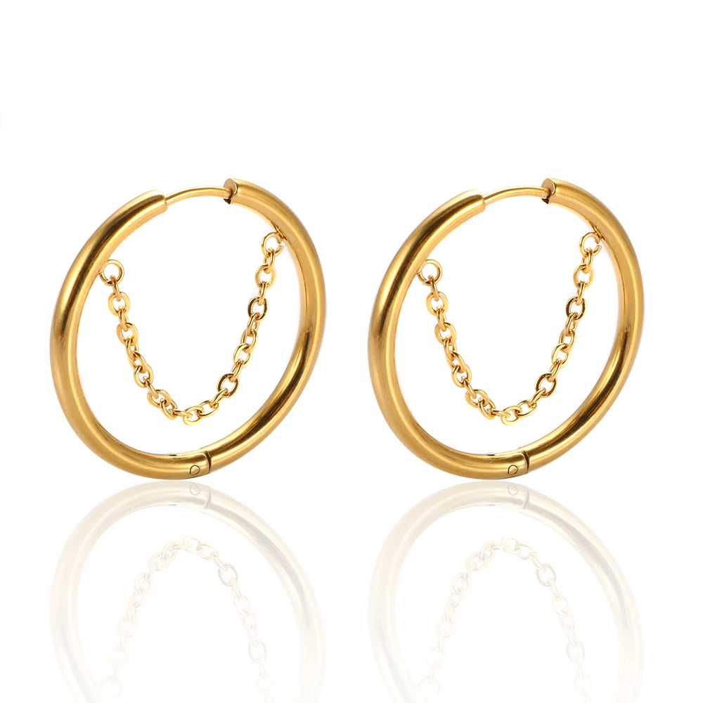 2PC /Set Stainless Steel Small Hoop Earrings for Women Golden Circle Thick Ear Ring Piercing Tassel With Chain Earrings Jewelry