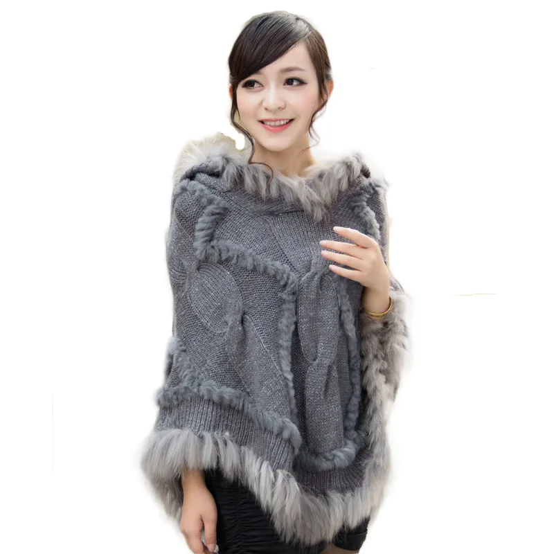 

Hooded Knitted Fur Poncho Women Fashion loose Knitted Cape With Hood With Real Raccoon Fur Trimming Ladies Autumn Fur Shawl