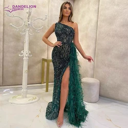 Elegant Dubai One Shouder Split Evening Dresses for Women 2021 Sequined Handmade Feathers Slit Tulle Beading Formal Party Gowns