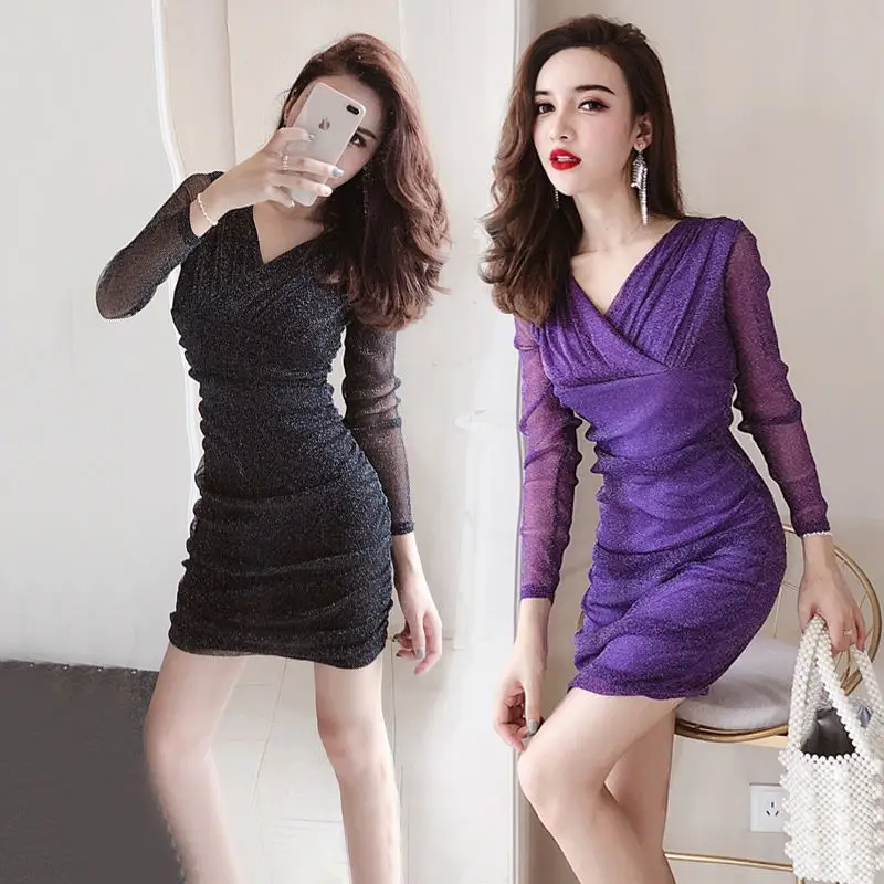 Autumn and Winter New Long-Sleeved Women's Slim-Fit Slim Looking Base A- line Dress Lace Mesh Sexy Nightclub V-neck Dress