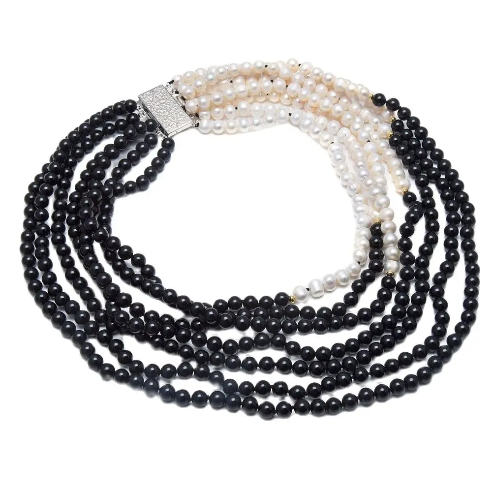 

GuaiGuai Jewelry White Pearl Black Onyx Necklace 7 Rows 18" Multi Strands Pearl Necklace For Women