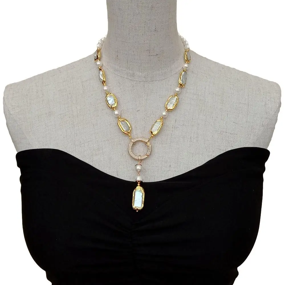 YYGEM natural 8-9mm Round Rectangle Cultured White Biwa Pearl  Round  Freshwater Pearl Y-Drop Necklace 18.5\