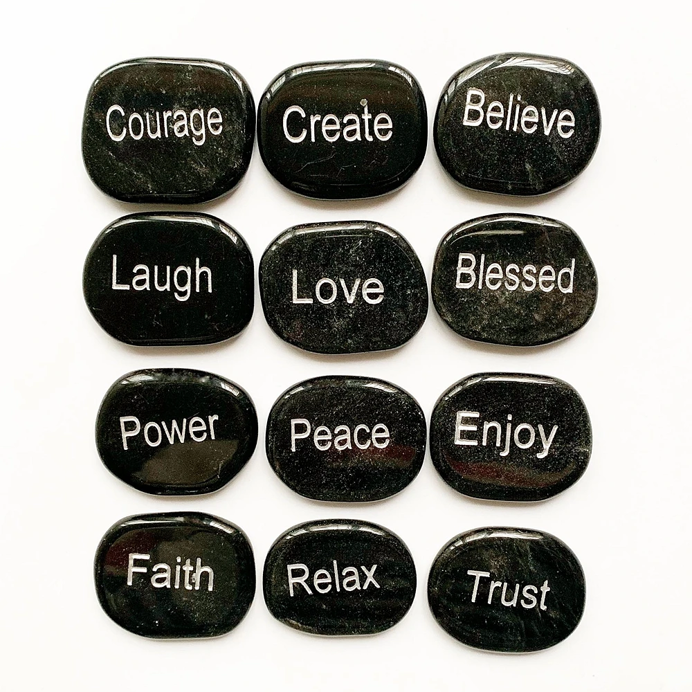 Natural Black Obsidian Palm Stone Inspired Words Short Letters Synonyms Inspiring Quotes Spiritual Healing Palmstone 1pc