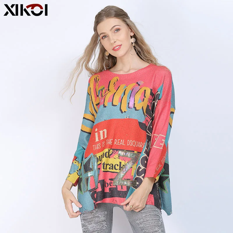 XIKOI Plus Pink Sweater For Women Winter Warm Pullover Fashion Letter O-Neck Oversized Jumper Casual Knitted Sweaters Pull Femme