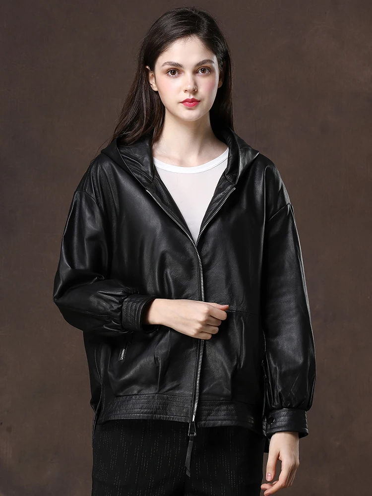 Nerazzurri Spring Autumn Casual Hooded Waterproof Black Soft Pu Leather Jackets for Women with Drop Shoulder Long Sleeve Zipper