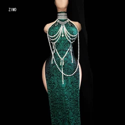Vintage long dress qipao chain pearl 3D Print high split green folk dance sleeveless Performance stage outfit festival clothing