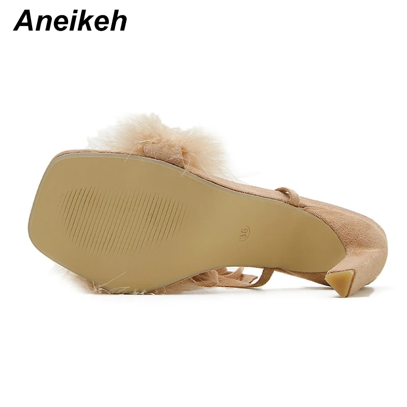 Aneikeh NEW Summer Rome Fashion Furry Cross-Tied Women Pumps 2024 Sexy 11CM Thin High Heel Lace-up Dress Party Ladies Sandals