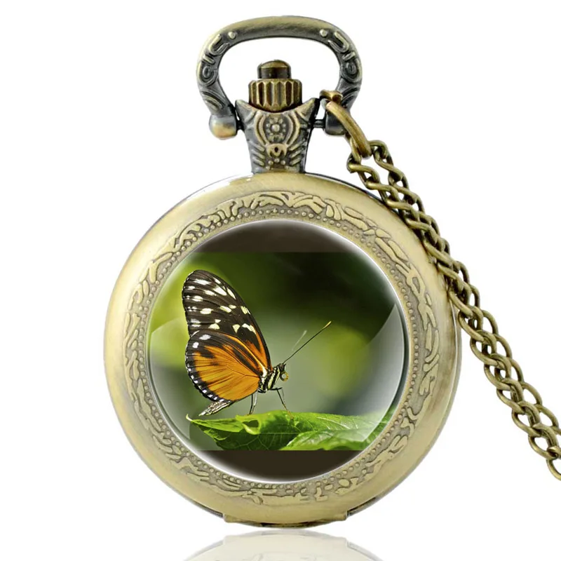 Vlinder Op Groen Blad Patroon Brons Vintage Quartz Zakhorloge Charm Mannen Vrouwen Charm Hanger Ketting Uur Klok Geschenken