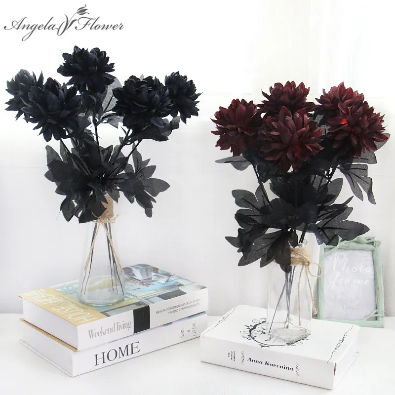 3PCS Black Artificial Dahlia Flower, Single Branch, Party, Festival, Halloween Decor, DIY, Fake Floral, Home Decor, Photo Props