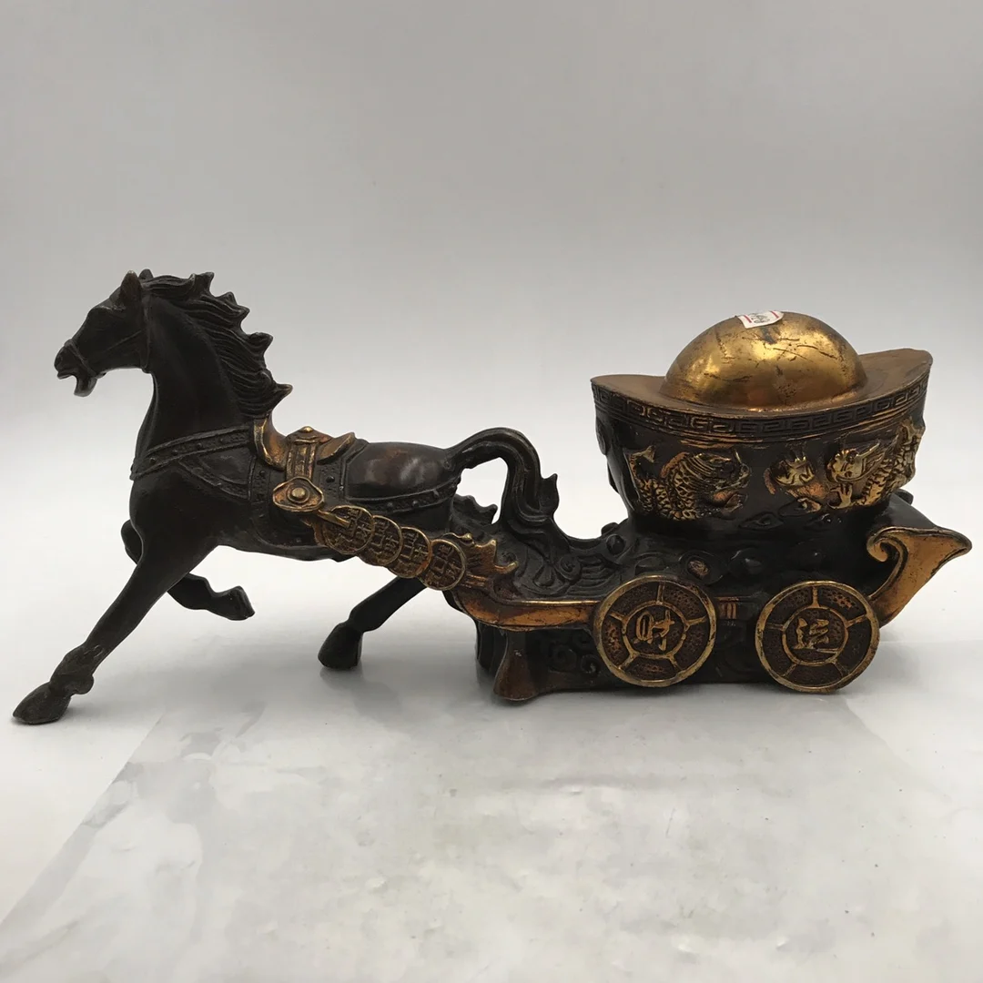 

Exquisite Antique Brass Gilt (Horse Drawn Cart. Yuanbao) Home Decoration