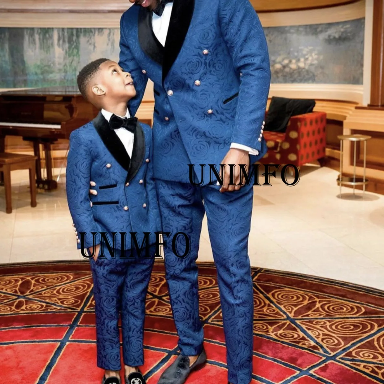 Blue Dobby Boys Formal Suits For Wedding Clothing Kids Birthday Party Outfits Sets Ring Bearer Attire  (Jacket +Pants+Bow))