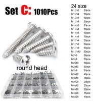 380/500/1010pcs M1.2 to M4 304 Stainless Steel Phillips Pan Round & Flat Countersunk Head Self Tapping Wood Screw Set Kit Box