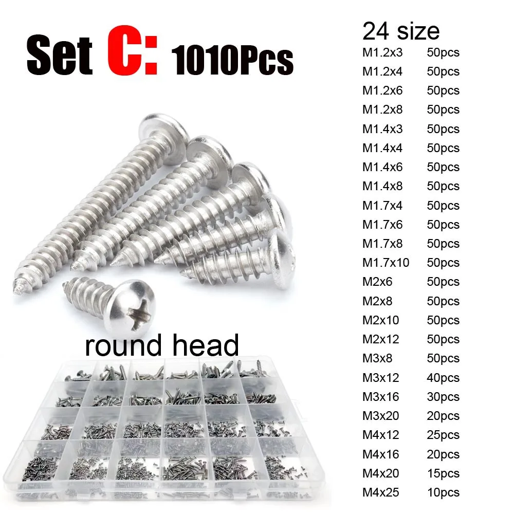 380/500/1010pcs M1.2 to M4 304 Stainless Steel Phillips Pan Round & Flat Countersunk Head Self Tapping Wood Screw Set Kit Box