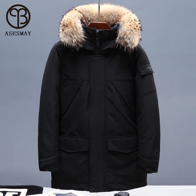 Asesmay Brand Clothing Men Down Jacket Real Fur Hooded Long Winter Coats Male Parka New Tracksuit Joggers Luxury Lovers Outwear