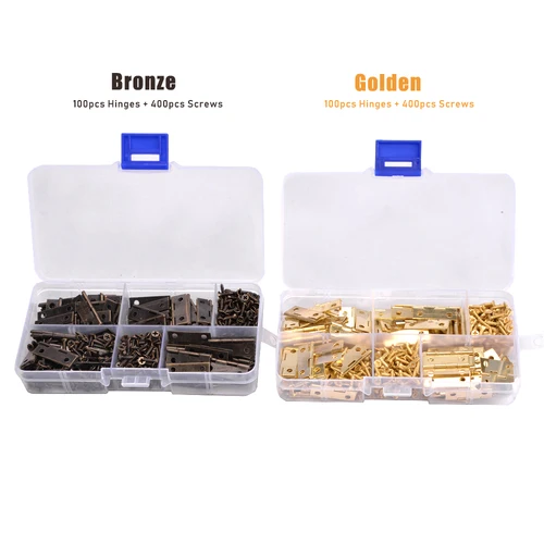 Imagen 2 del producto 100 Uds Mini bisagras a tope con 400 Uds tornillos bronce dorado plata miniatura pequeñas bisagras para manualidades joyero de madera gabinete