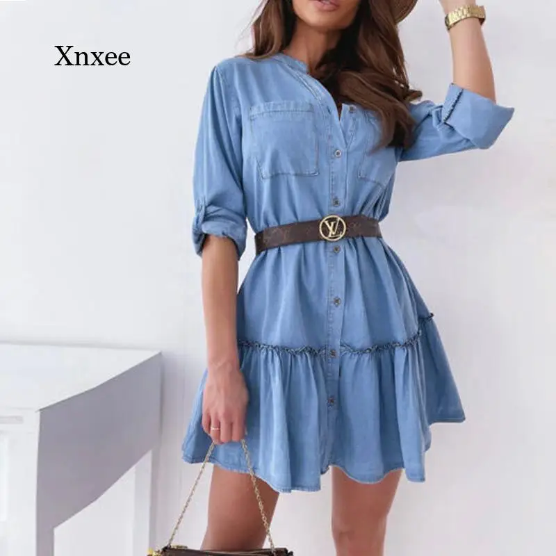 

Turn-Down Collar Denim Mini Dresses Spring Autumn Lace Up A-Line Dress for Women Fashion Elegant Button Party Sexy Ladies Dress