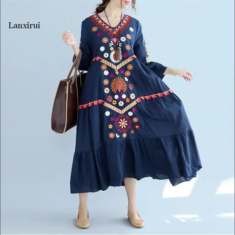 Bohemia Vintage Floral Embroidered cotton linen long Dress Women Autumn Boho Party Dresses Lantern Sleeve Casual  Vestidos