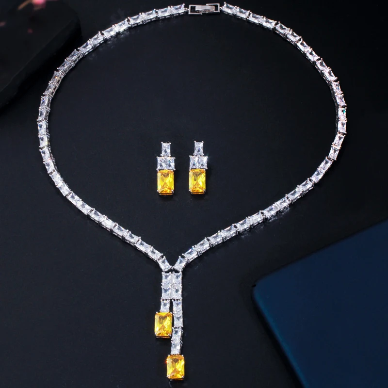 BeaQueen New Design Brilliant Yellow CZ Square Drop Earrings Necklace Jewelry Set for Women Bridal Wedding Accessories JS221