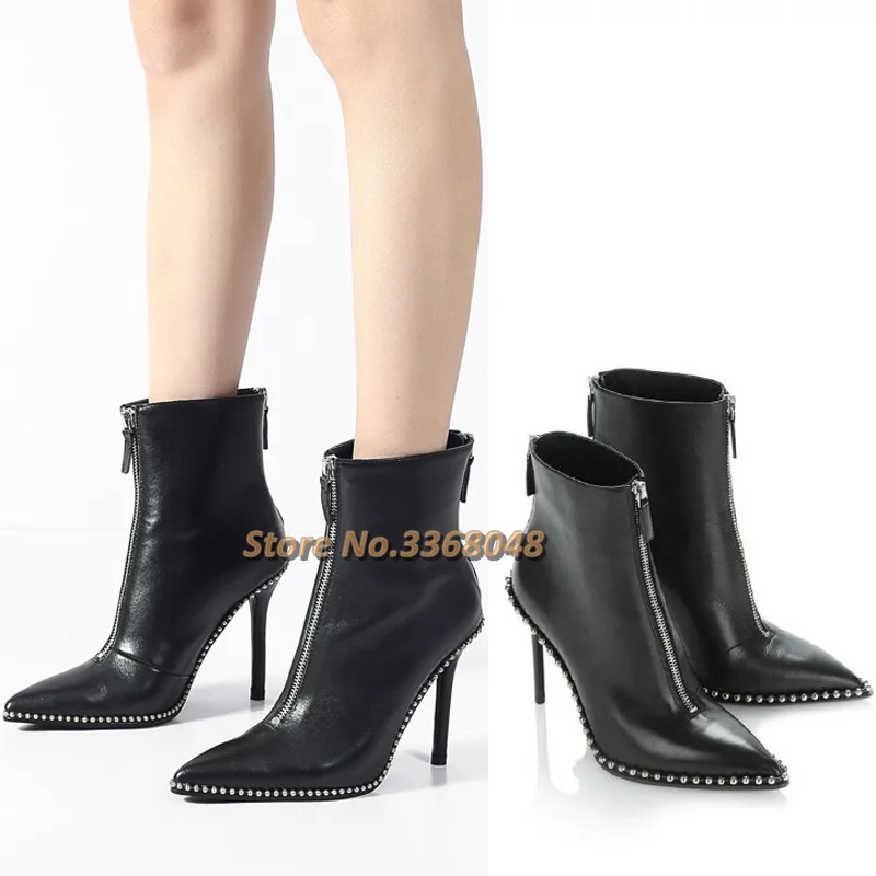 2020 Dây Kéo Cổ Chân Boot Gợi Cảm Mũi Nhọn Đinh Tán Cao Gót Da Ngắn Nữ Giày Nữ Cao Gót Nữ Thu Đông giày