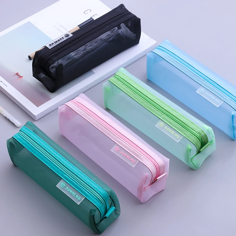 School Mesh Pencil Cases Kawaii Cute Solid Color Transparent Pencil Box School Student Pen Bag Supplies Lapis Stationery