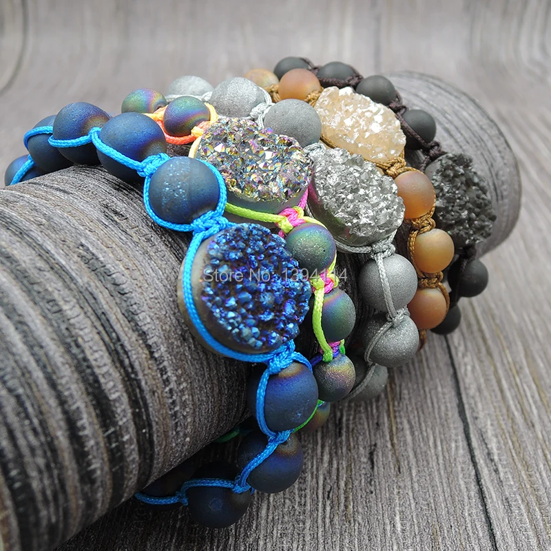 Titanium Colors Agate Druzy 8mm Frosted Round Beads Hand-Knitted Strand Bracelet 7-8.5 Inches