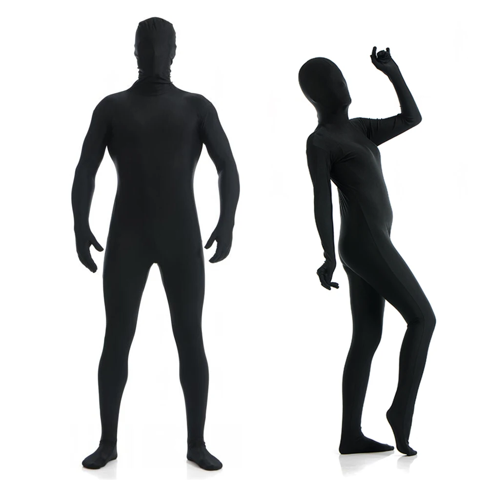 Disfraces Zentai negros personalizados, traje de piel de cuerpo completo, Catsuit, Disfraces de Halloween, Body con cremallera en la entrepierna, ojos abiertos, boca abierta