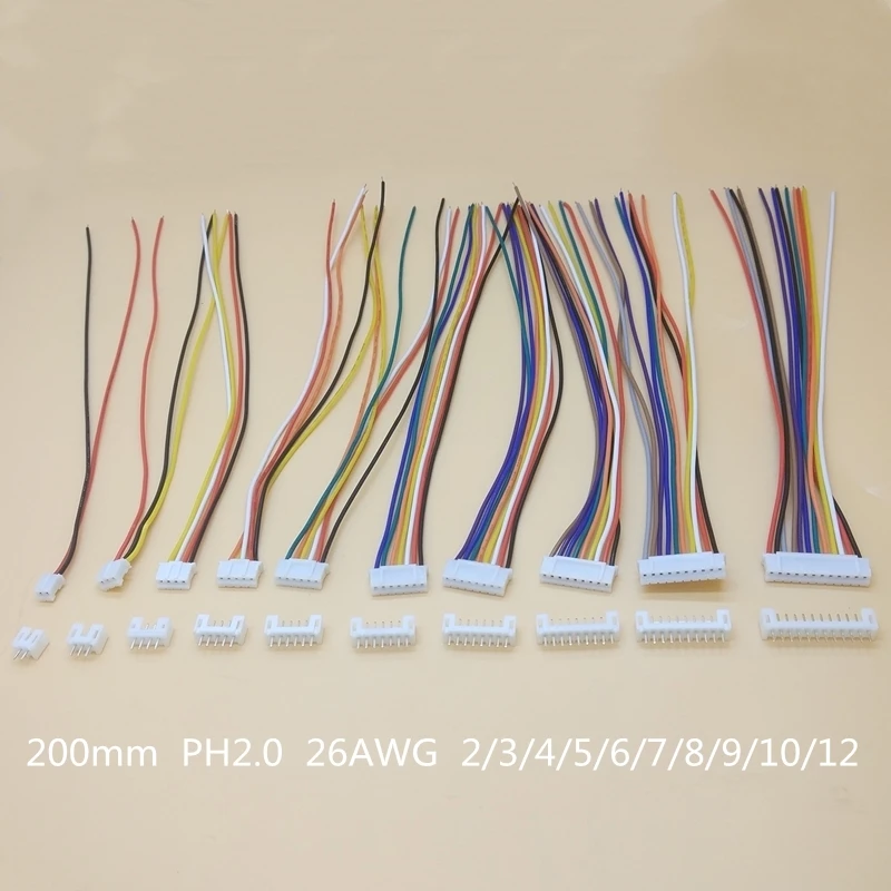 20 Sets PH 2.0mm JST 2/3/4/5/6/7/8/9/10/12P Pin Female Wire Straight Plug L:200mm