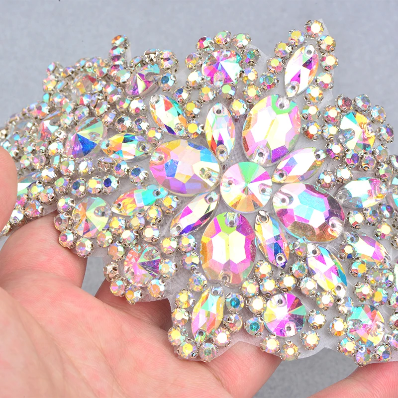 JUNAO 90*240 مللي متر 1 قطعة الخياطة كريستال AB زهرة حجر الراين زين بقع الإصلاح الحديد على كريستال ستراس الأحجار الكريمة الزخارف فستان الزفاف #1